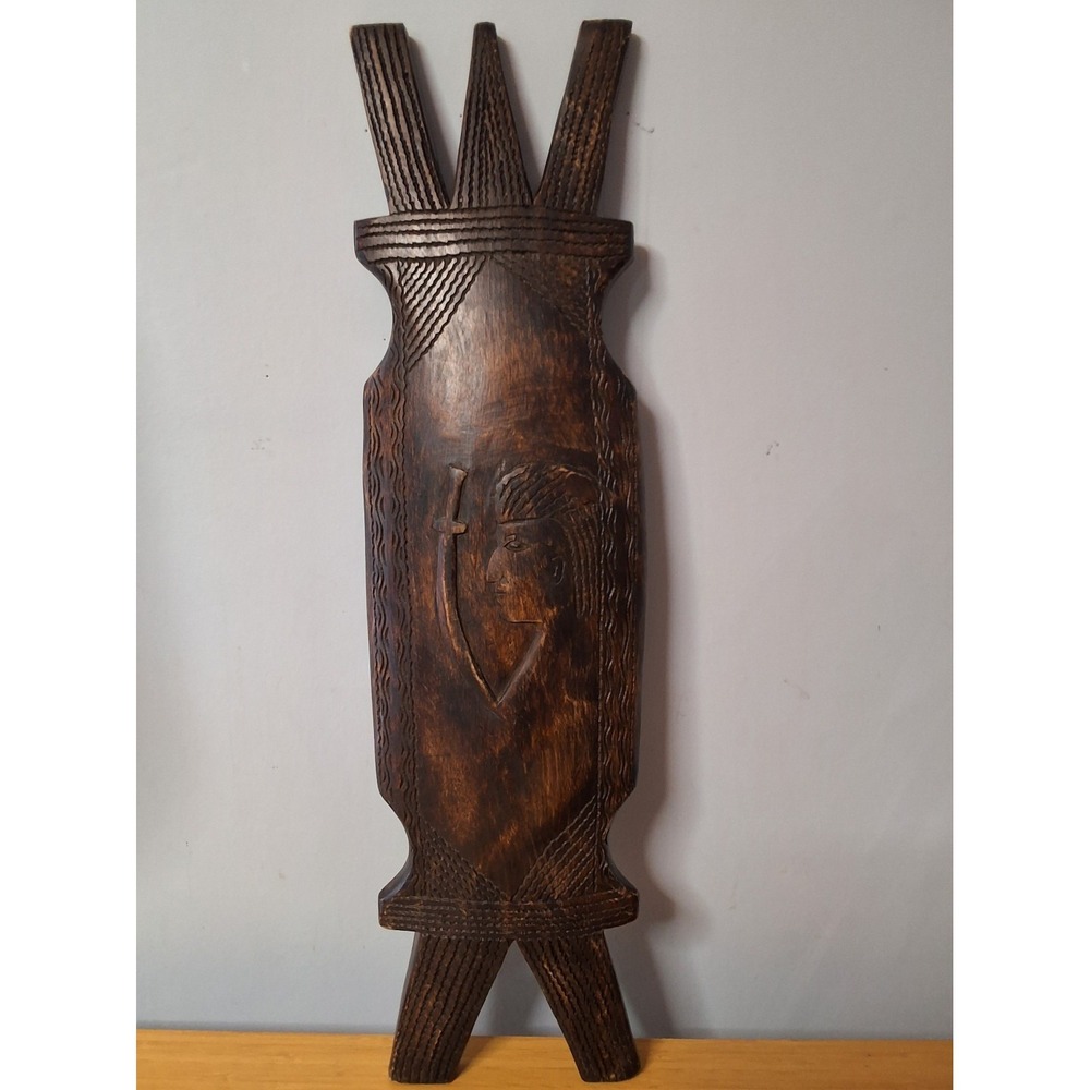 Vintage Hand-Carved Wooden Decorative Shield. Used For Defense Or Ceremonies